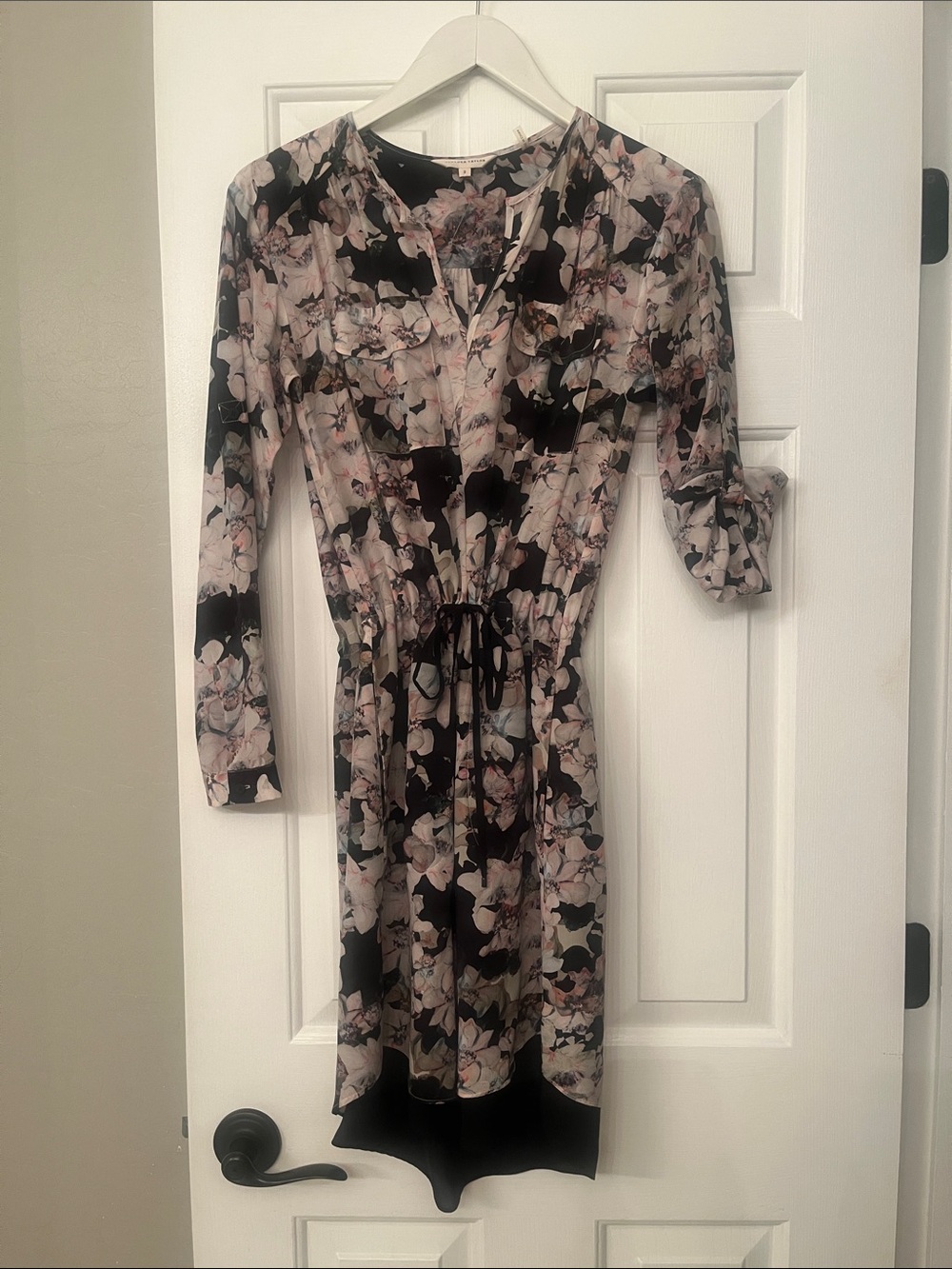 Rebecca Taylor Silk Black Floral Long Sleeve Drawstring Dress size 2 worn once!!